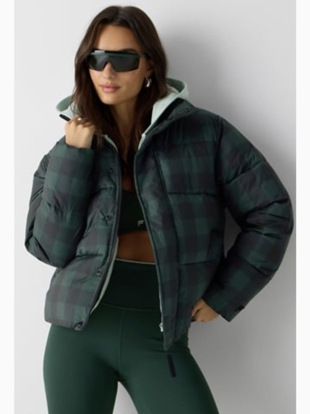 Fabletics Dark Green Plaid Quilted Puffer Jacket